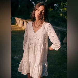 sezane AURA DRESS white 3/4 sleeve lined babydoll eyelet organic cotton 36